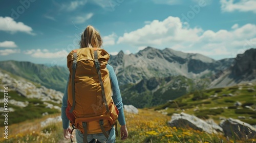 Lone female hiker with a backpack gazes at majestic mountains on a sunny day