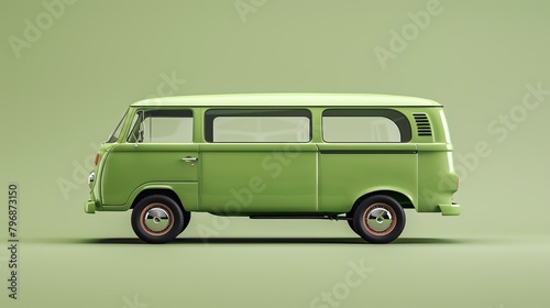 This is a 3D rendering of a classic 1960s-style green van. The van is in a simple, flat green color with white-rimmed wheels.