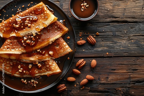 Crispy golden crepes served with a generous dollop of caramel and a scattering of almonds on a rustic table photo