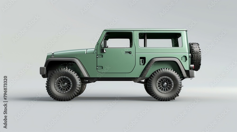 The image shows a green off-road vehicle with the doors closed. The car is viewed from the side and is set against a white background.