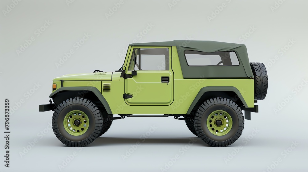 The car is a light green color and has a black soft top. It is a four-wheel drive vehicle with large all-terrain tires.