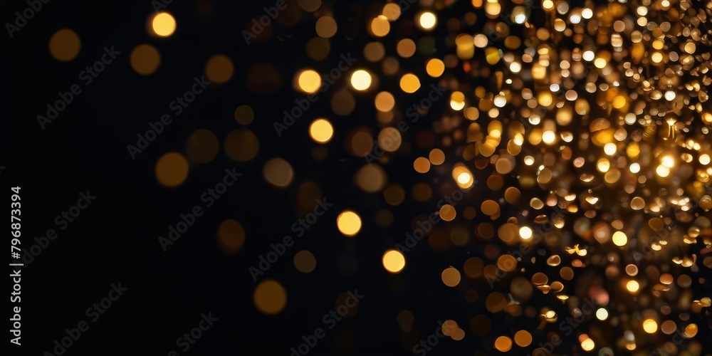 close-up of golden sparkles, reflecting a dazzling array of colorful lights on a black background. close-up of golden sparkles, reflecting a dazzling array of colorful lights on a black background.