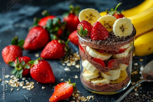 Colorful morning meal with acai in a nutrition-fact-rich breakfast snack of convenient, tasty granola and fruit.