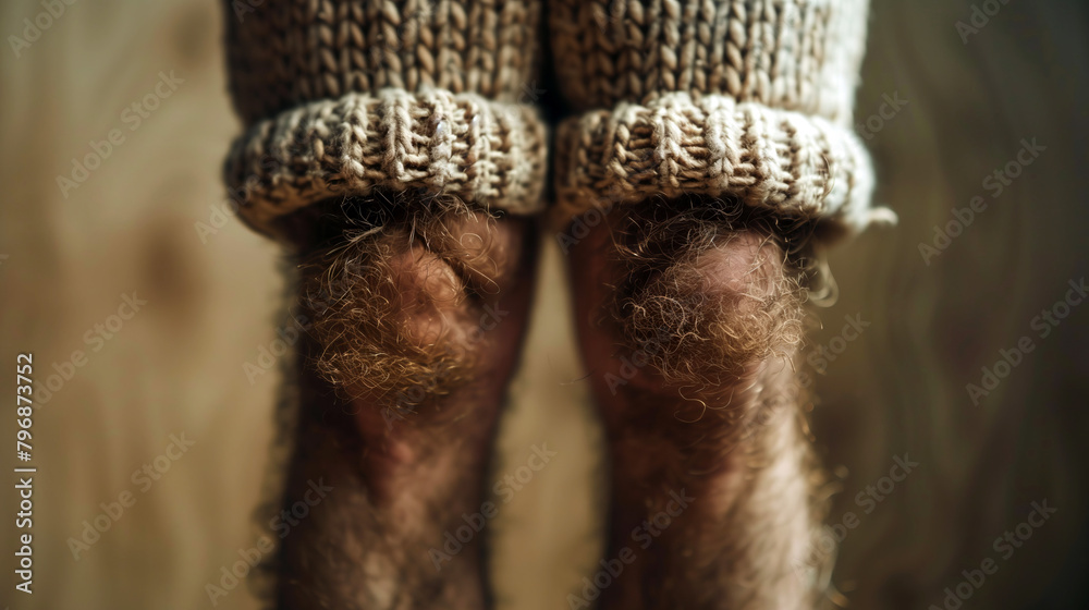 Close-Up of Man's Knees in Cozy Knitted Sweater, Warm Textured Detail