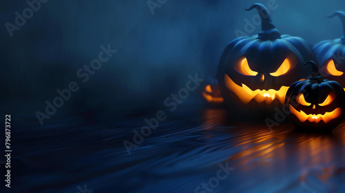 3D rendering of a dark Halloween background with a wooden table and a group of spooky pumpkins with glowing eyes and scary faces. photo