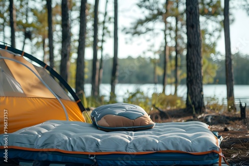 Essential Camping Gear: Tent, Mattress, and Pillow for a Cozy Outdoor Sleep. Concept Camping Gear, Outdoor Comfort, Sleeping Essentials, Cozy Campsite, Outdoor Relaxation photo
