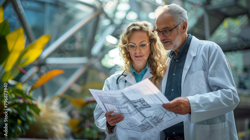 Senior Male Doctor and Female Colleague Reviewing Architectural Plans in Modern Hospital Environment