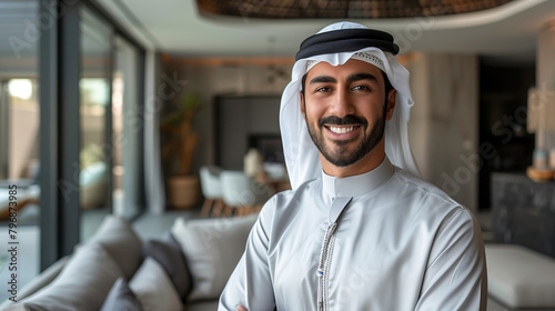 Smiling Emirati Man in Traditional Kandura, Confident Arab Elegance photo