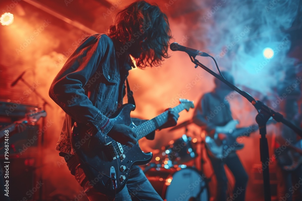 A focused musician lost in the performance playing guitar on a stage engulfed in smoke with blue stage lights