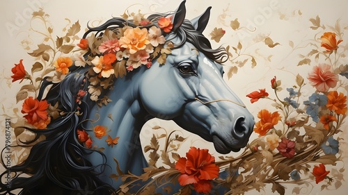 A painting  a horse with a butterfly resting on its head and floral swirls adorning its mane