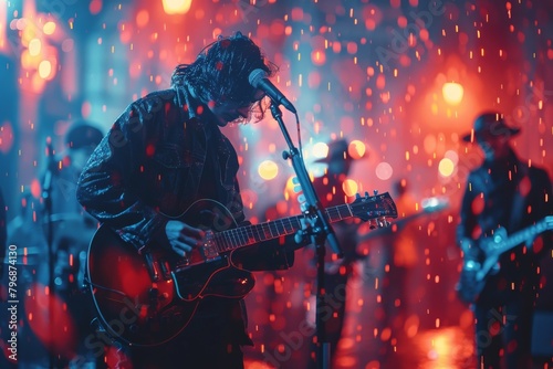 Musician playing guitar passionately during a live concert with vibrant red stage lights and dynamic atmosphere