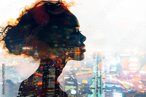 Artistic double exposure merging the silhouette of a woman with the modern skyline of a vibrant city, creating a striking visual contrast photo