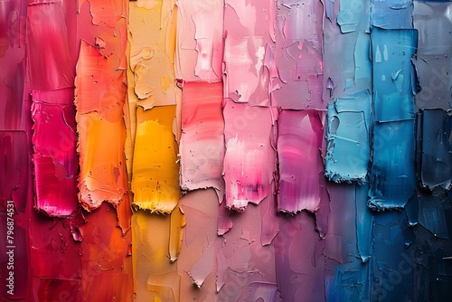 A close-up display of textured paint brush strokes in warm to cool hues on a canvas