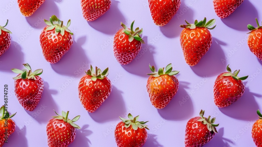Flat lay pattern with summer fruit on purple background. A visually striking image featuring ripe strawberries arranged symmetrically on a vibrant purple background, highlighting freshness . Flat lay pattern with summer fruit on purple background. A visually striking image featuring ripe strawberries arranged symmetrically on a vibrant purple background, highlighting freshness .