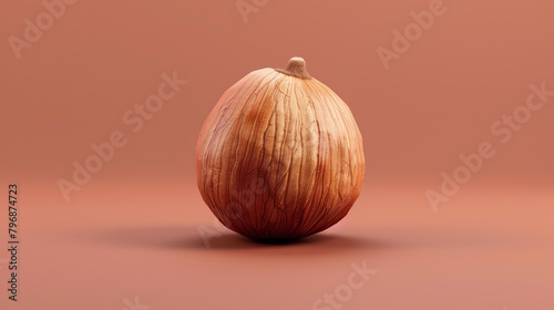 3D rendering of a single brown onion bulb. The onion has a dry, papery skin with some wrinkles. The onion is sitting on a matching brown surface.