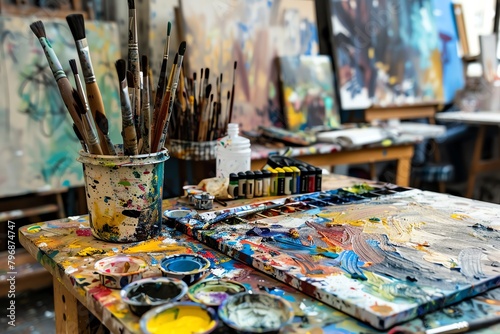 An art studio with paintbrushes, a palette, and paint tubes