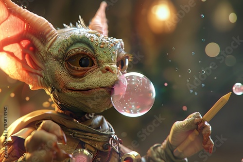 A cute chameleon blowing a bubble.