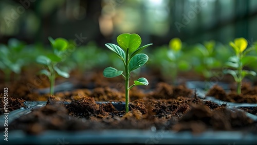 Commercial greenhouse cultivating small pine seedlings for forestry purposes. Concept Commercial Greenhouse, Pine Seedlings, Forestry, Cultivation, Agricultural Practices