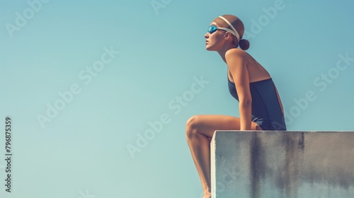 A female competitive swimmer in swimwear, cap, and goggles sits poised on a starting block against a blue sky, showcasing determination and focus. photo