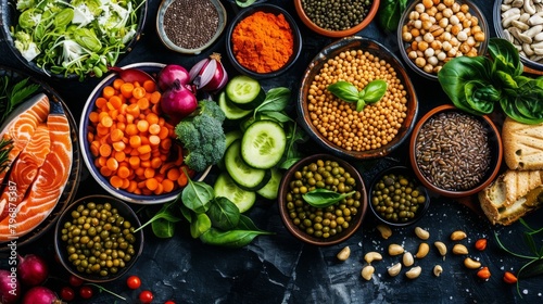 plant based vegan fresh foods, vegetables, salad, beans, tomatos, paprika, avocado, wheat, diet, 16:9