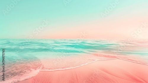 Stunning gradient transition from pink to turquoise hues over a serene beach landscape, evoking calm and tranquility during sunset. photo