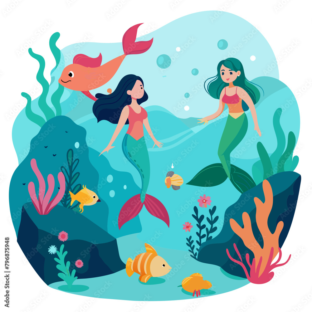 Fototapeta premium Whimsical design showcasing a fantastical underwater world, where mermaids swim gracefully among colorful coral reefs