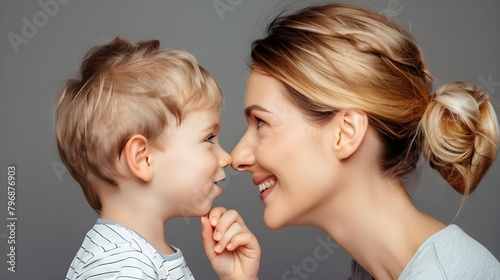 Portrait of young mother and son against white background, Portrait of a teenage boy and his mother Ai generated 