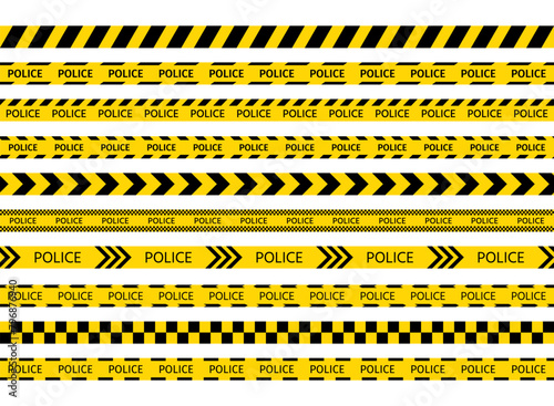 Police yellow tapes. Striped security ribbons for crime places. Set warning tapes lines for restriction of criminal accident zones. Seamless barrier borders on white background. Vector illustration. photo