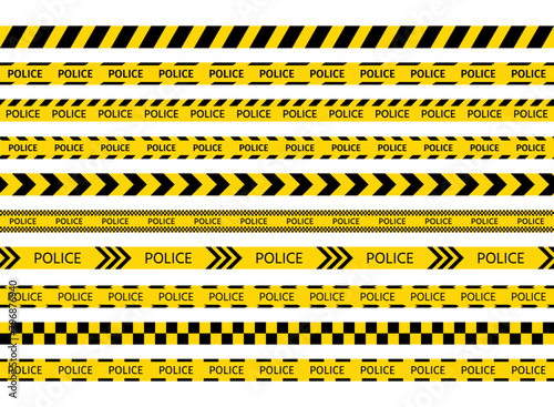 Police yellow tapes. Striped security ribbons for crime places. Set warning tapes lines for restriction of criminal accident zones. Seamless barrier borders on white background. Vector illustration.