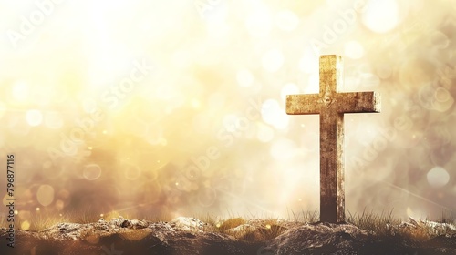 A wooden cross stands on a hilltop at sunrise. The cross is made of rough-hewn wood. the sky is a bright yellow.
