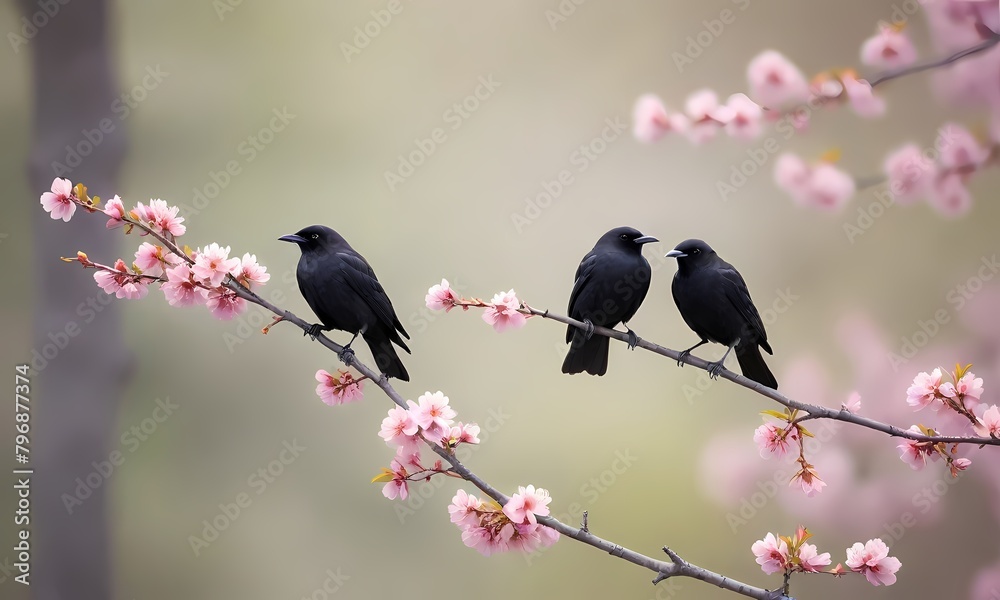 Fototapeta premium Black Bird Perched on a Branch Painting