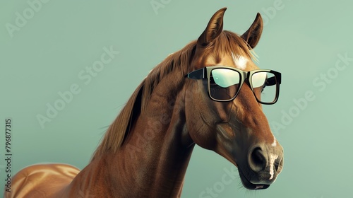 A close-up of a horse wearing sunglasses. The horse is brown and white, with a long mane and tail and black sunglasses. photo
