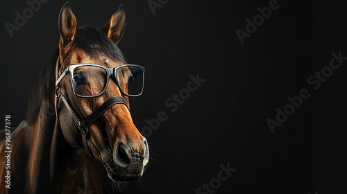 A beautiful brown horse wearing glasses is looking at the camera with a curious expression.