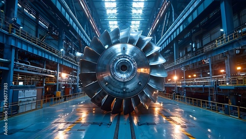 Steam turbine generates power at an industrial plant by rotating turbine blades. Concept Industrial Plants, Power Generation, Steam Turbine, Rotating Blades, Energy Production photo