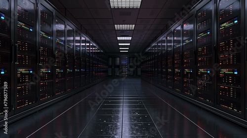 A dark and mysterious data center with rows of servers. The servers are lit up with a variety of colors, creating a sense of unease. photo