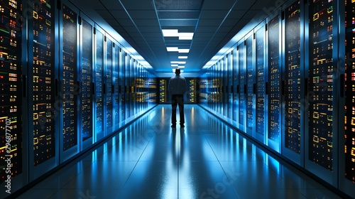 A technician in a dark data center lit by the blue glow of the server racks.