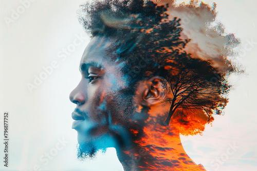 Double color exposure effect closeup profile portrait of a beautiful mixed race Caucasian-African American man, blending two distinct color palettes in a captivating photo