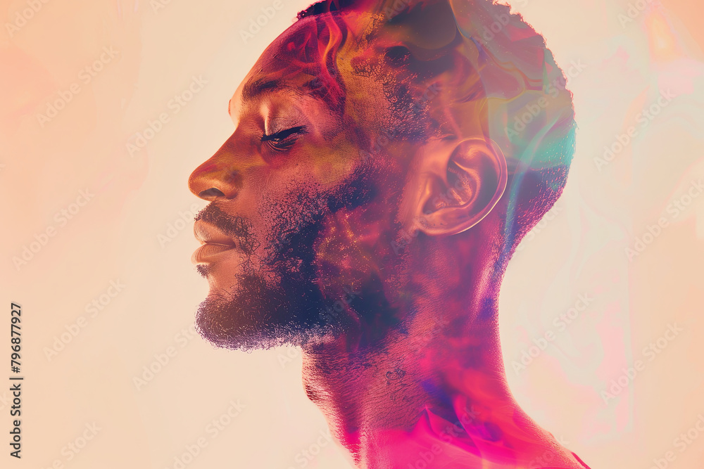 Double color exposure effect closeup profile portrait of a beautiful mixed race Caucasian-African American man, blending two distinct color palettes in a captivating
