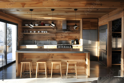 Contemporary modern country house wooden kitchen interior with big panoramic windows.