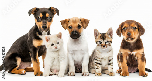 Gatos e cachorros em fila em um fundo branco, no estilo arte publicitária © Dri Barros