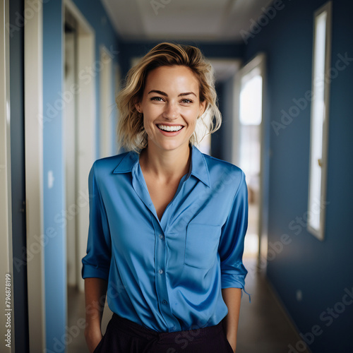 Uma bonita mulher loira sorridente vestindo uma blusa azul retrato photo