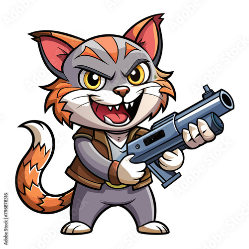 Mischievous cat wielding a comically oversized gun, complete with a playful expression on its face, suitable for a t-shirt or sticker