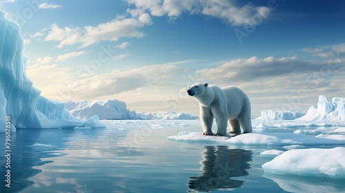 A photorealistic image of a polar bear standing on a melting iceberg  symbolizing the loss of Arctic sea ice due to climate change.