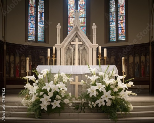 An image of a church altar with a large cross in the center. There are flowers and candles on the altar. The altar is made of white marble.