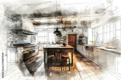 Before After Transformation  Interior Design Blueprint to Real Wooden Country Kitchen. Concept Interior Design  Blueprint  Transformation  Wooden Country Kitchen