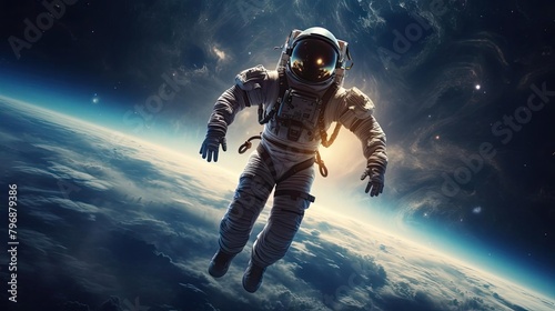 Dramatic depiction of an astronaut floating freely in outer space, with Earths vibrant blue horizon in the background, symbolizing exploration and adventure © Moonroad