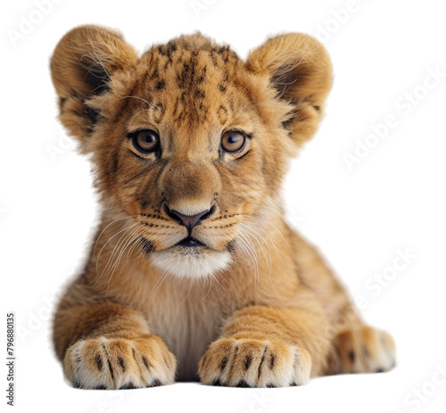 close up portrait of adorable cute baby lion isolated on transparent background, generated ai