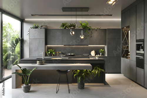 Contemporary modern kitchen interior in in grey concrete with green house plants.