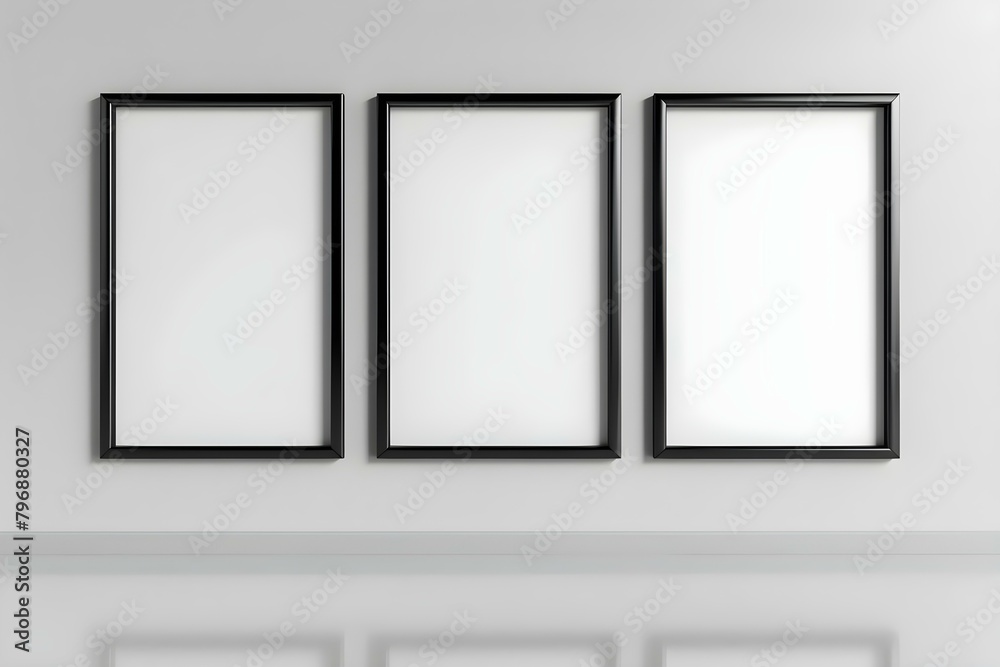 Three black frames mockup displayed on a white wall in a modern D render. Concept Interior Design, Wall Decor, Modern Aesthetic, 3D Rendering Three black frames mockup displayed on a white wall in a modern D render. Concept Interior Design, Wall Decor, Modern Aesthetic, 3D Rendering