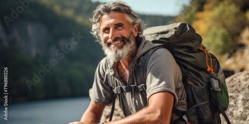 Mature man with backpack sitting on rock by river, coming down from the mountain. Generative AI.